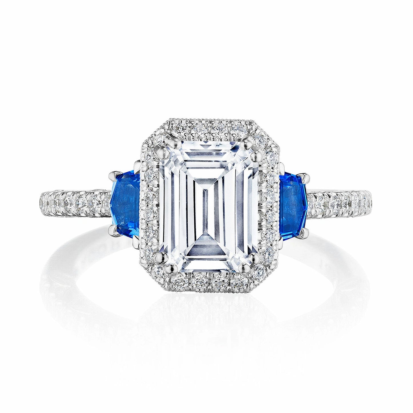 Tacori Dantela | Emerald 3-Stone Engagement Ring with Blue Sapphires