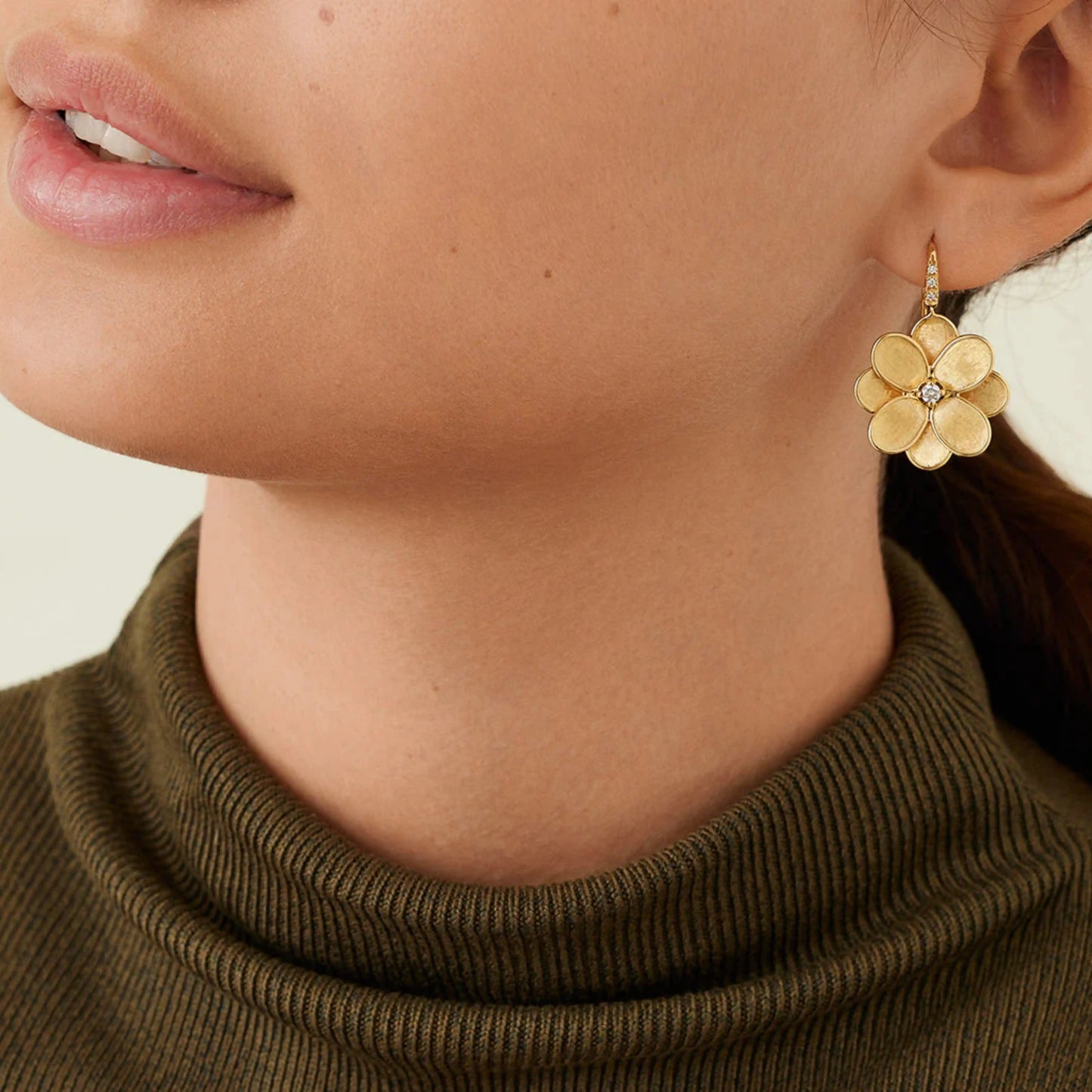 Yellow Gold Flower Drop Earrings with Diamonds