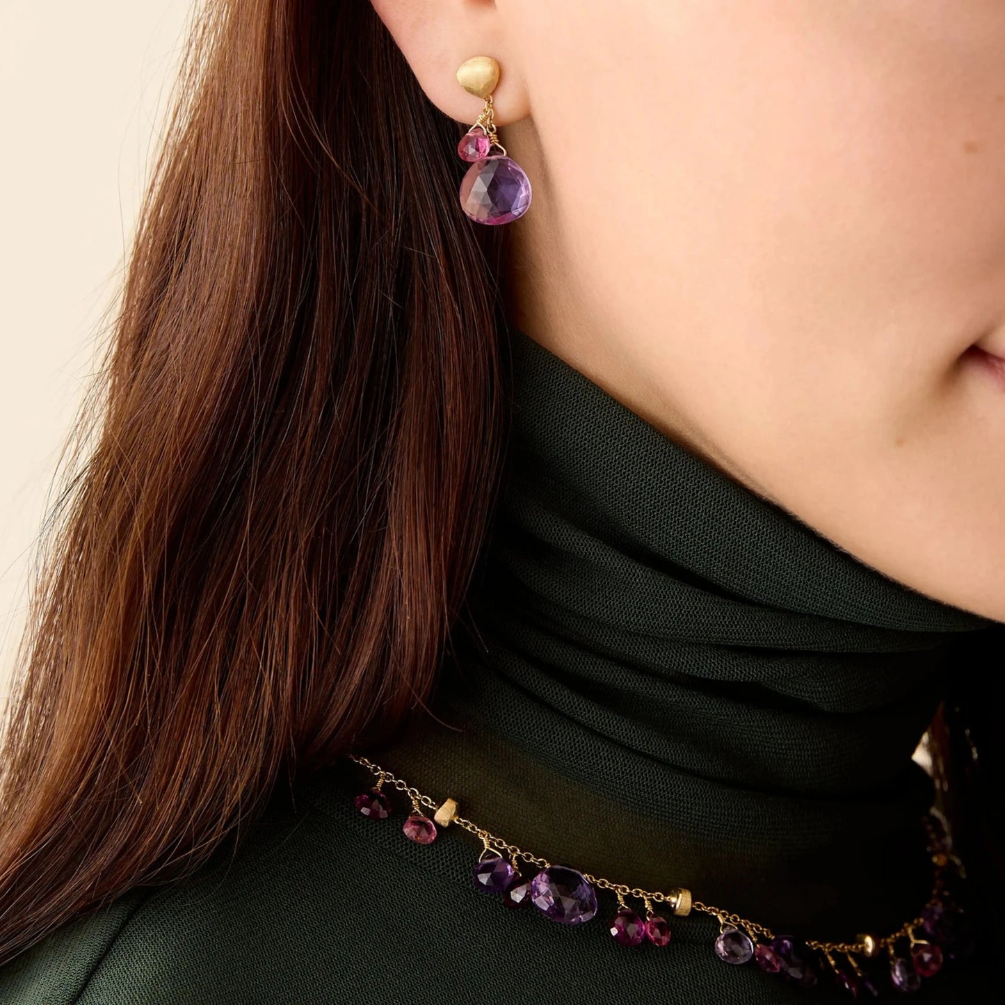 Gold Drop Earrings with Amethyst and Pink Tourmaline