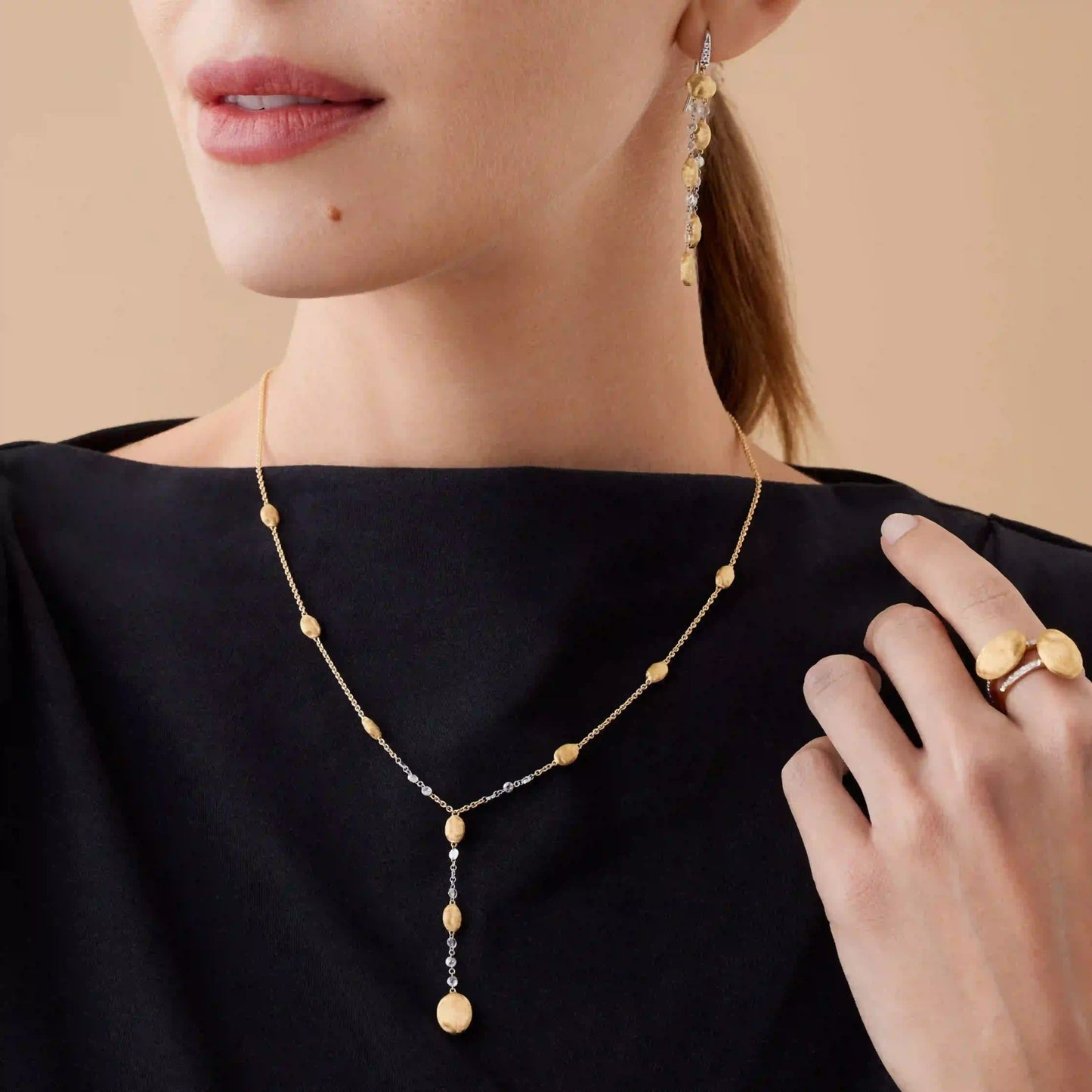 Gold Beaded Lariat Necklace with Diamonds