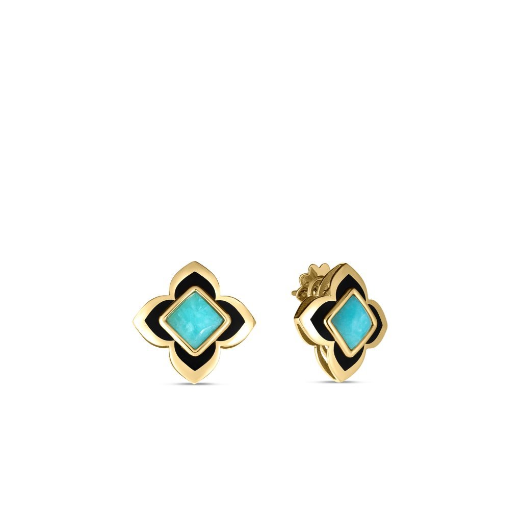 Amazonite & Black Enamel Flower Stud Earrings