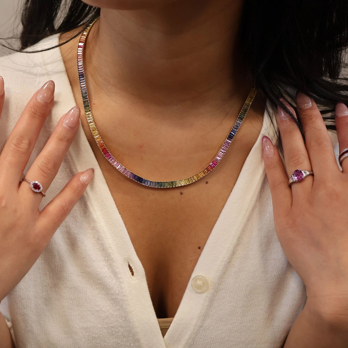 Rainbow Sapphire Baguette Necklace