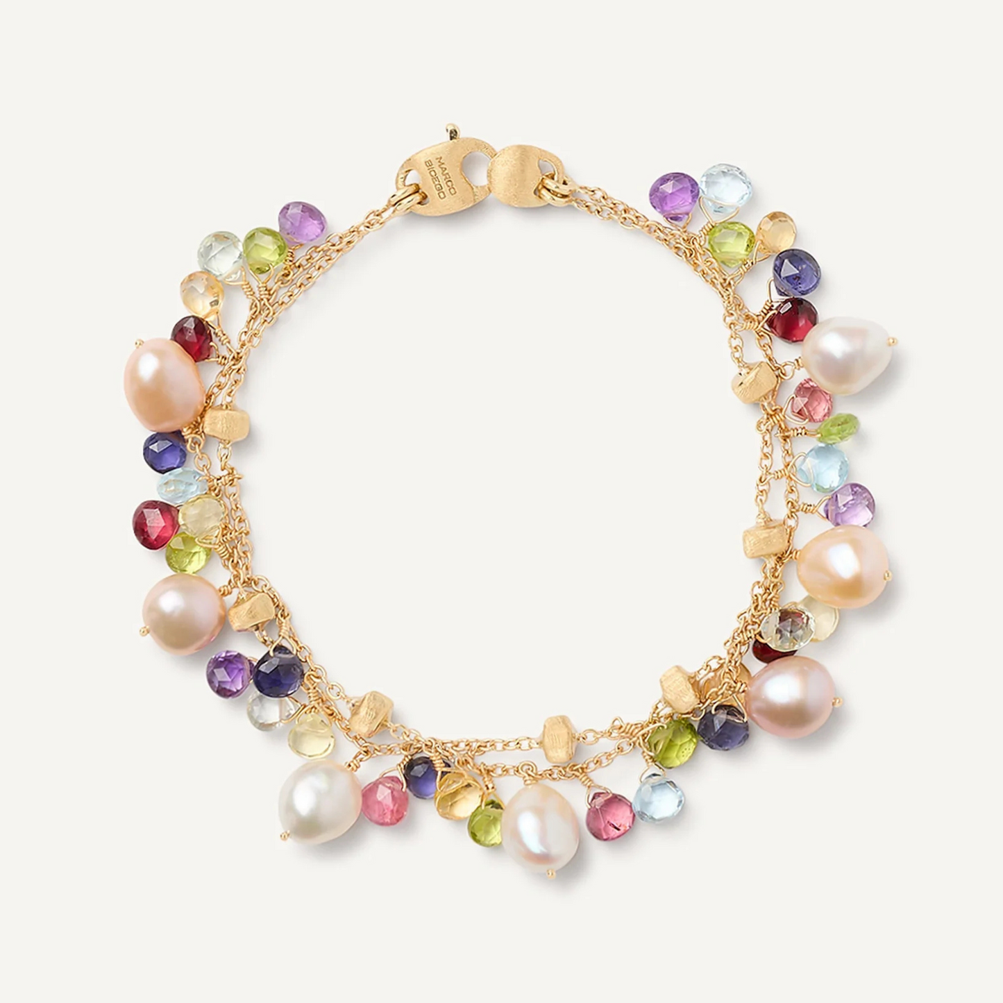 Yellow Gold 2-Strand Gemstone Bracelet With Freshwater Pearls