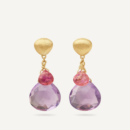 Gold Drop Earrings with Amethyst and Pink Tourmaline