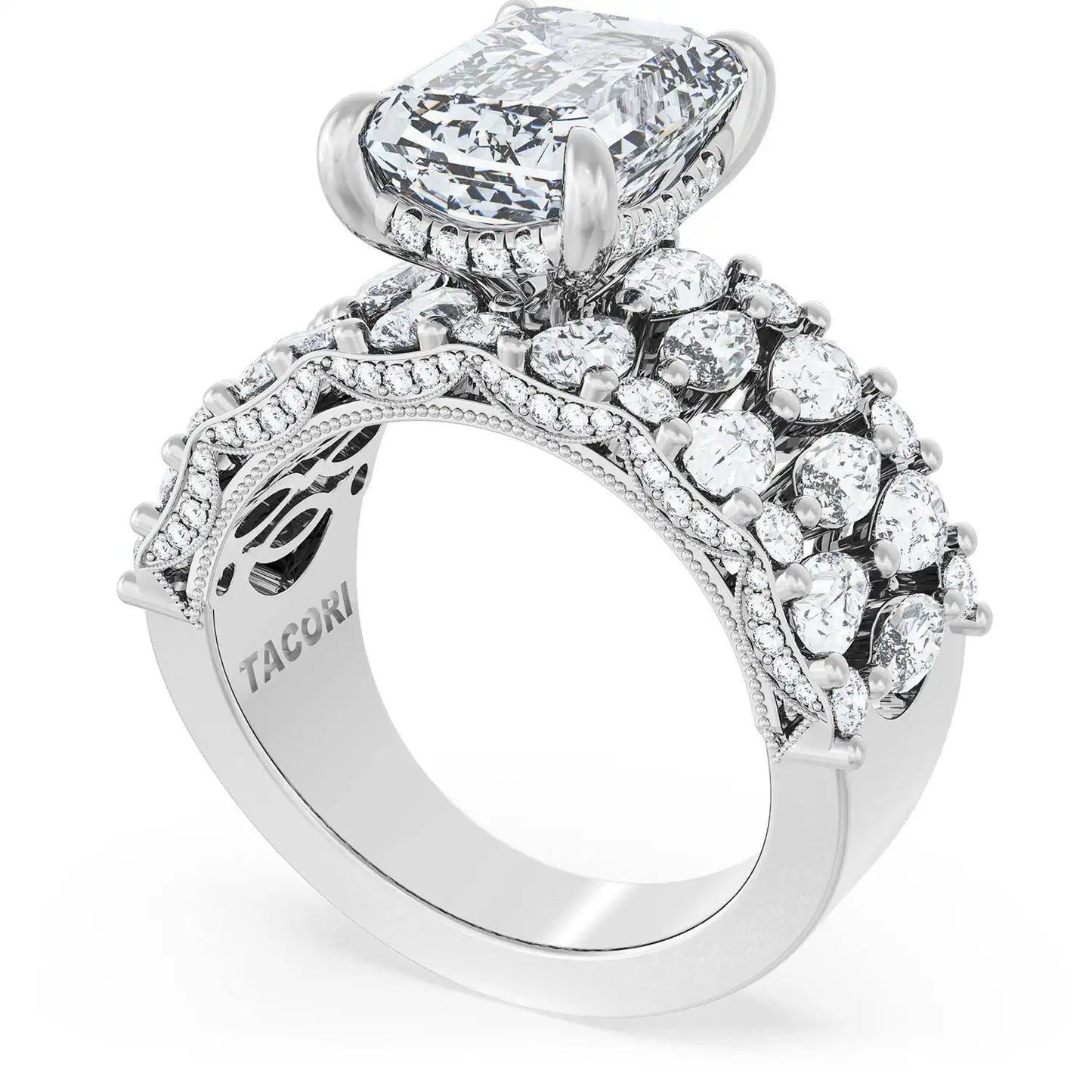 Tacori Classic Crescent | Emerald Solitaire Engagement Ring w/ North South Marquise & Pear Band