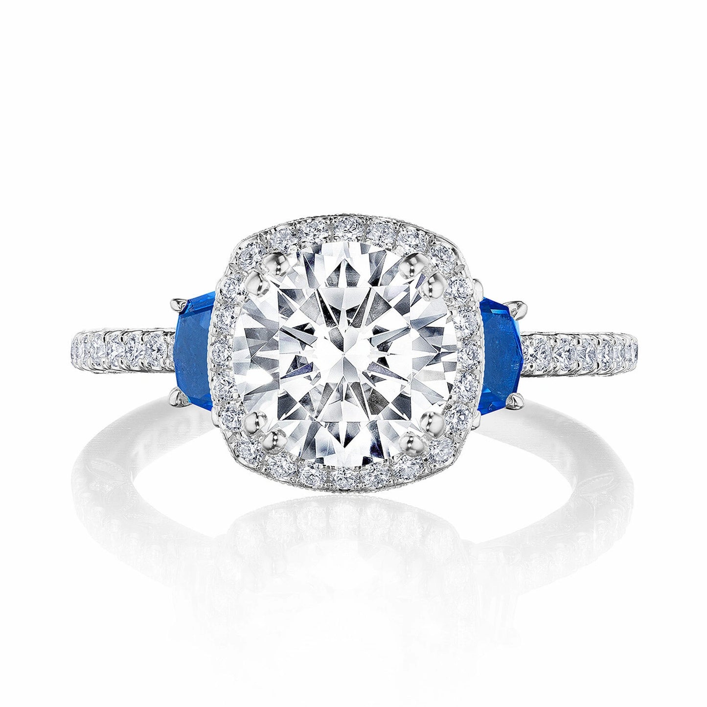 Tacori Dantela | Cushion 3-Stone Engagement Ring with Blue Sapphires