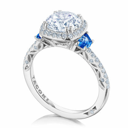 Tacori Dantela | Cushion 3-Stone Engagement Ring with Blue Sapphires
