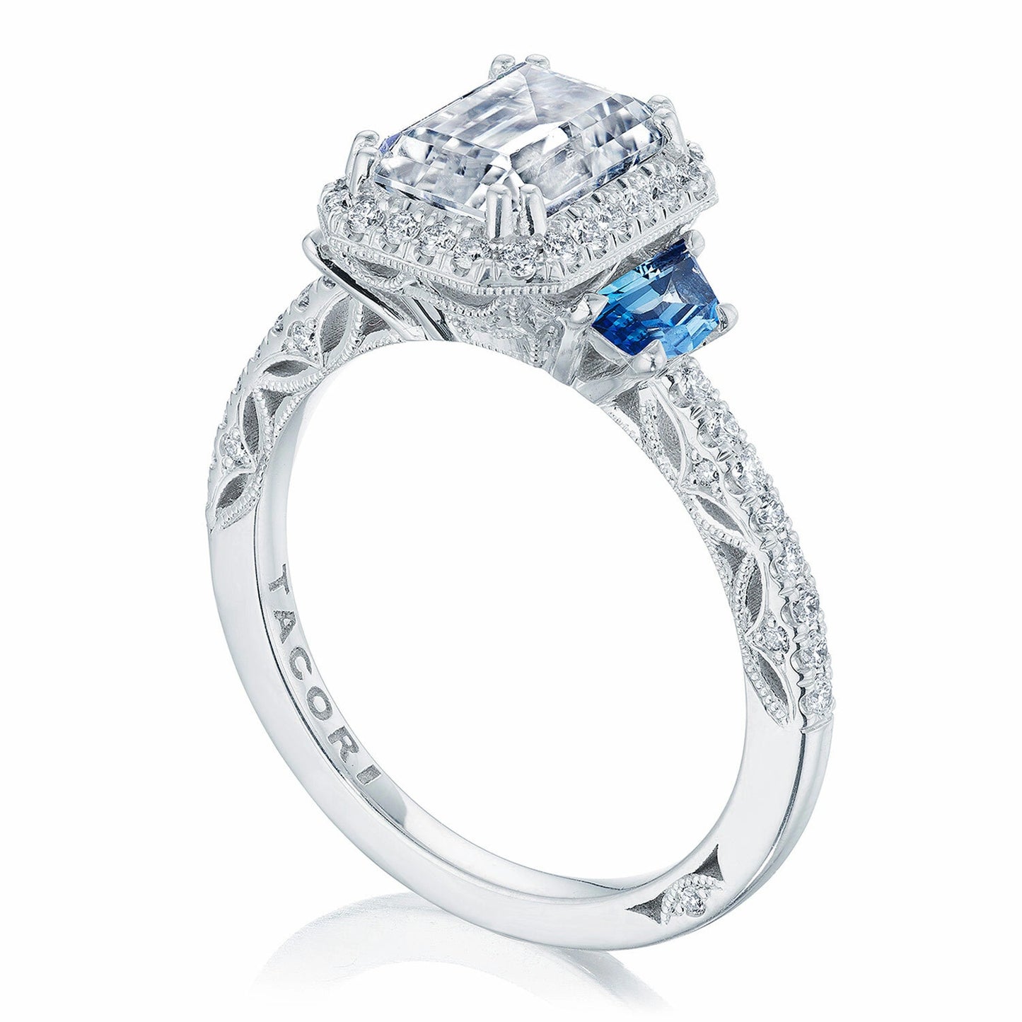 Tacori Dantela | Emerald 3-Stone Engagement Ring with Blue Sapphires