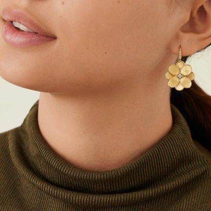 Yellow Gold Flower Drop Earrings with Diamonds