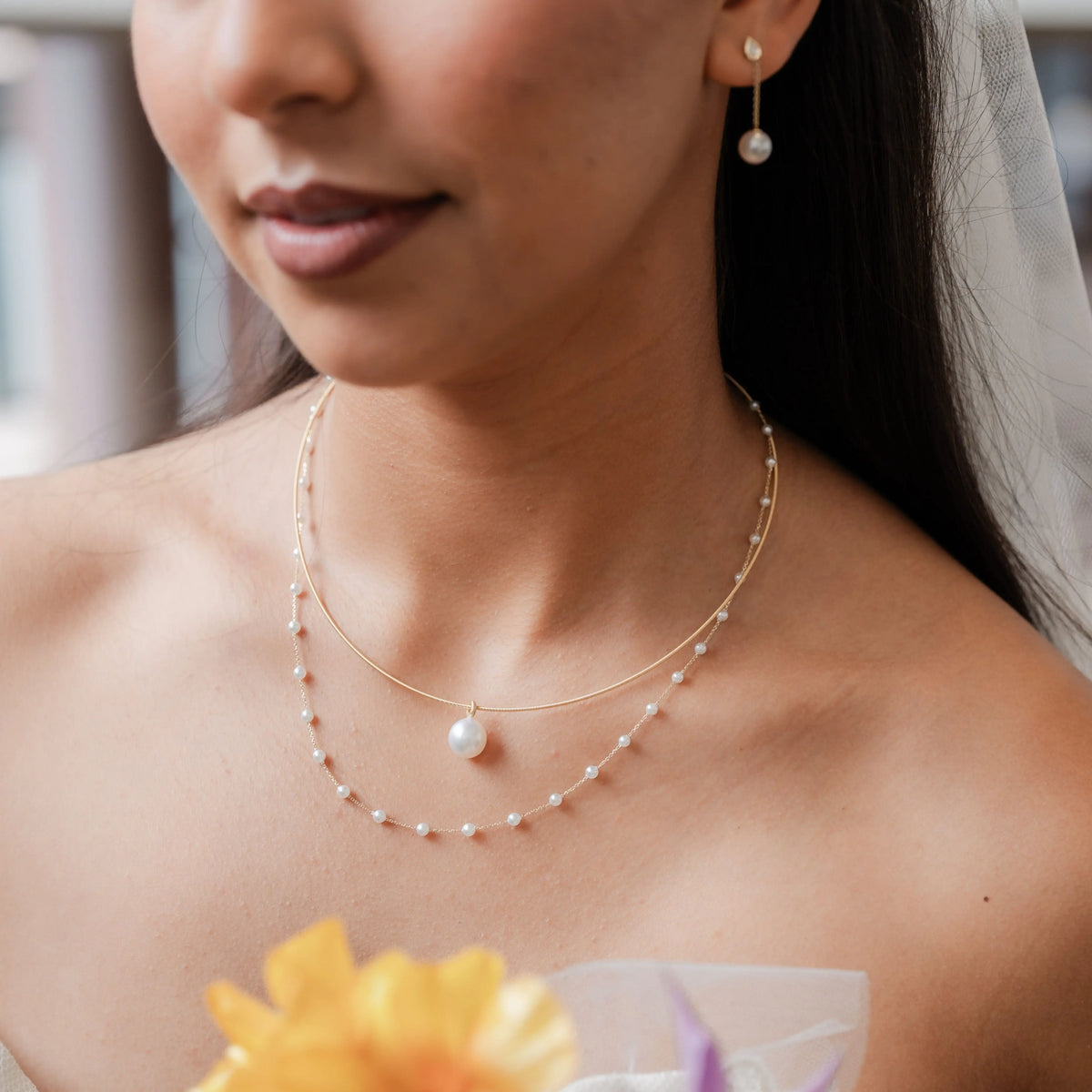 Pearl and Pear Shaped Diamond Drop Earrings