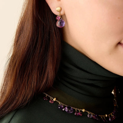 Gold Drop Earrings with Amethyst and Pink Tourmaline