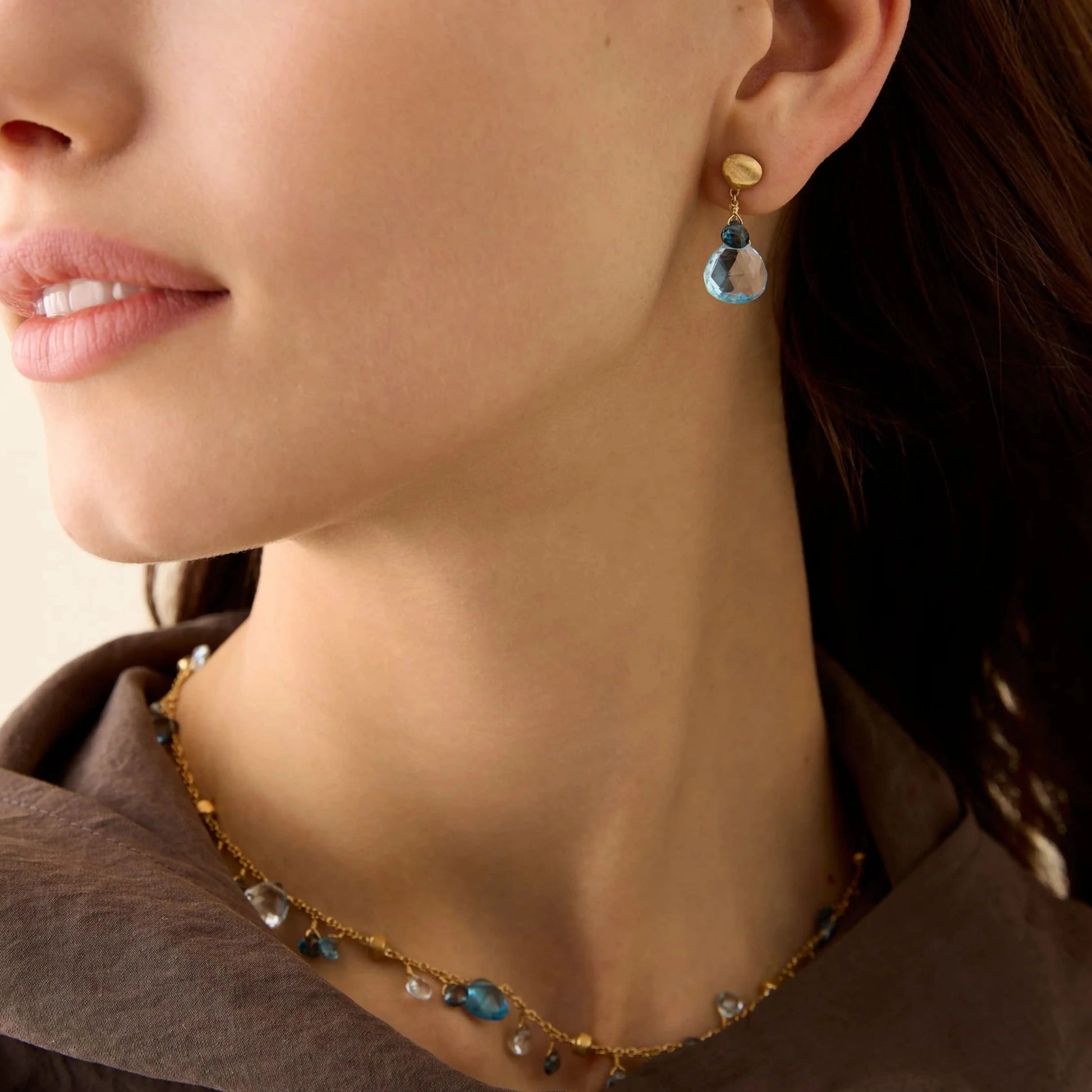 Yellow Gold Blue Topaz Drop Earrings