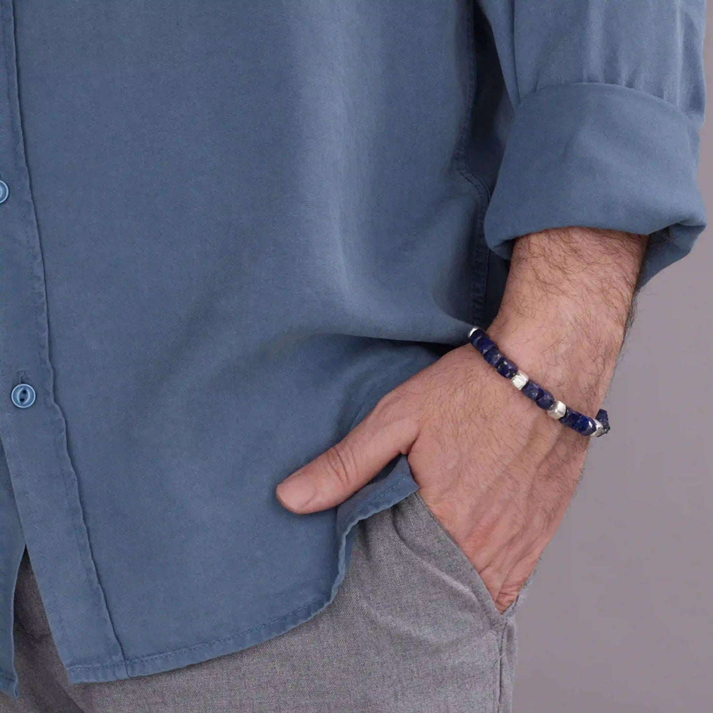 Silver Lapis Beaded Single-Strand Bracelet