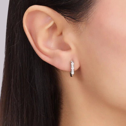 Silver Diamond Huggie Hoop Earrings