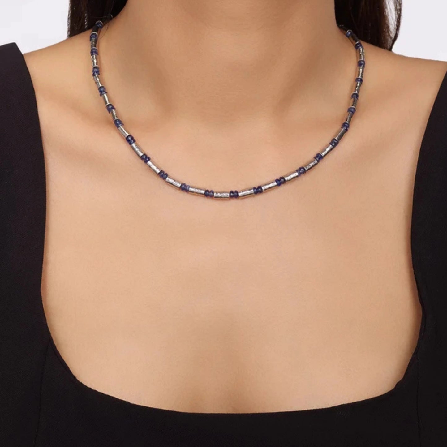 Silver Sapphire Beaded Necklace