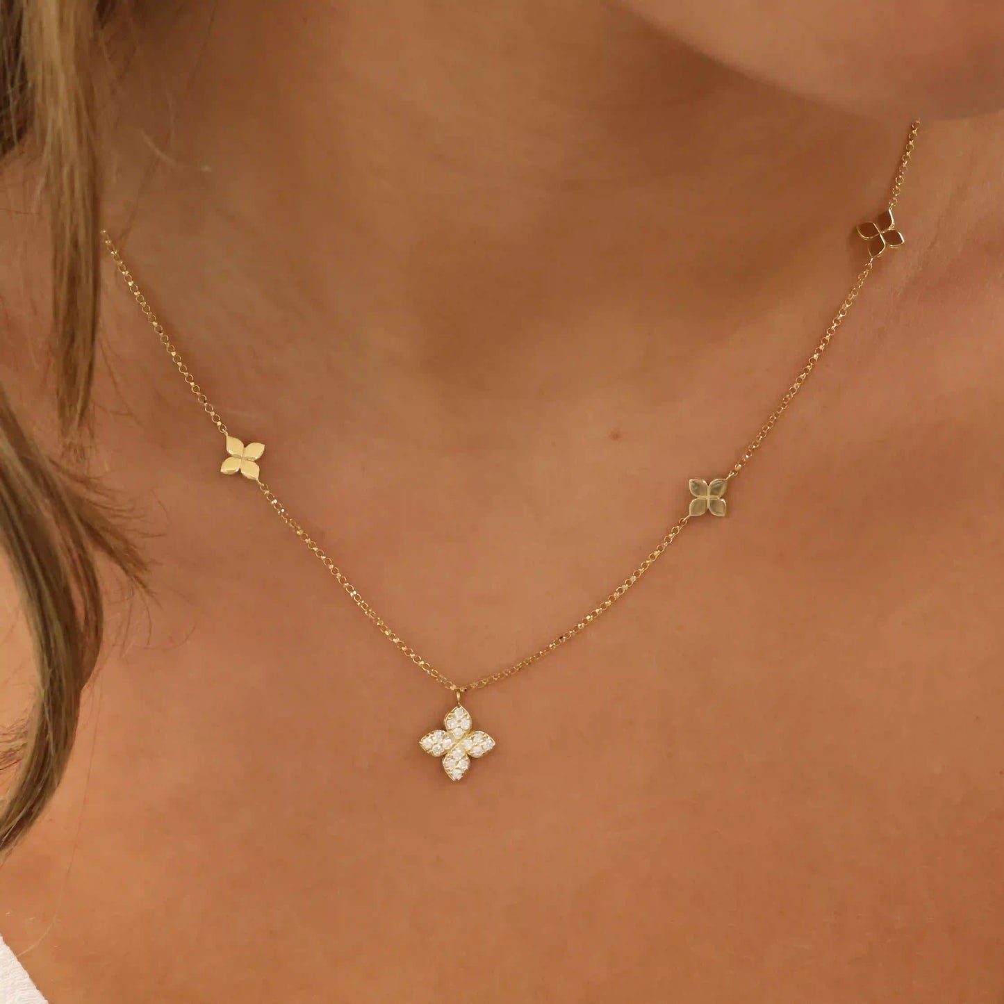 Diamond & Polished Flower Station Necklace