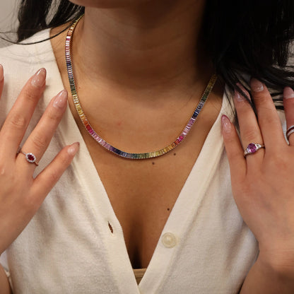 Rainbow Sapphire Baguette Necklace