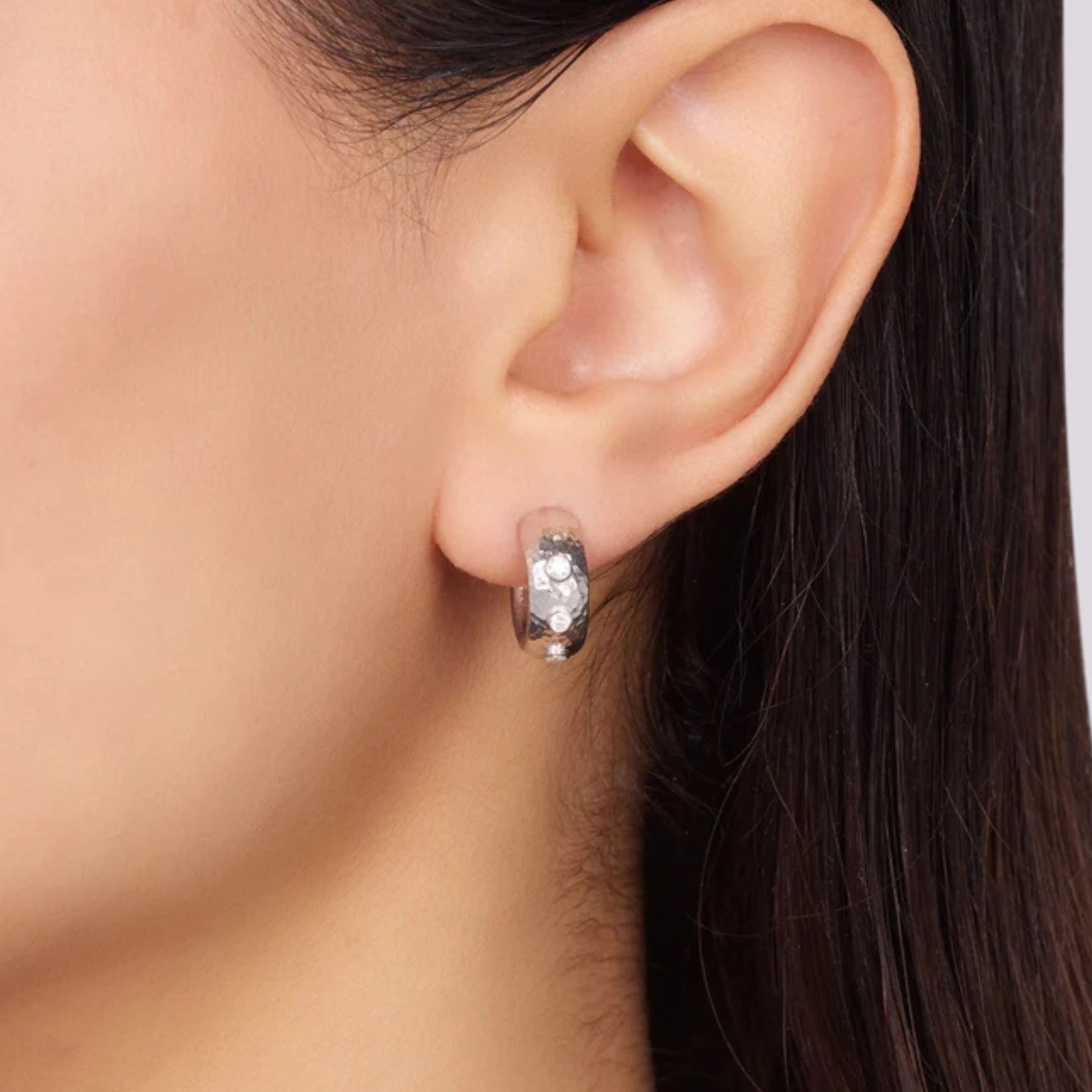 Silver Diamond Huggie Hoop Earrings