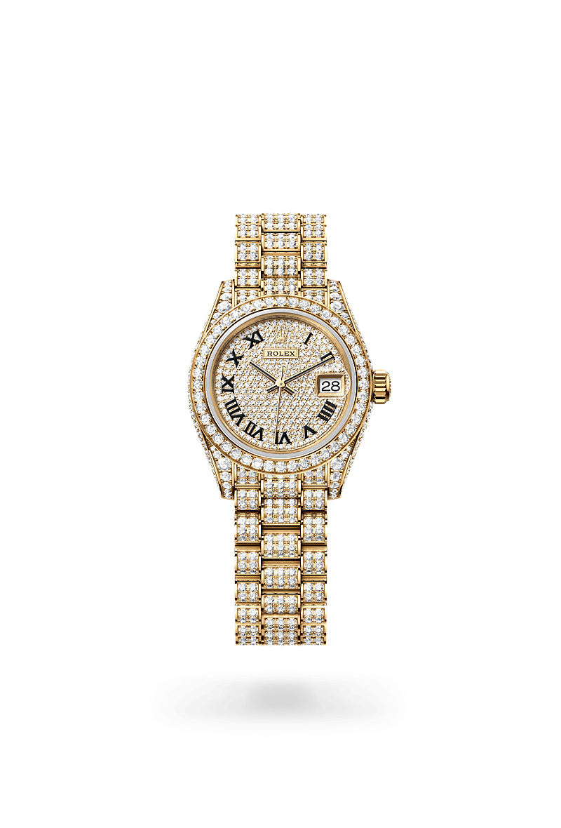 rolex Lady-Datejust in 18 kt yellow gold with case sides and lugs set with diamonds,  - Walters & Hogsett