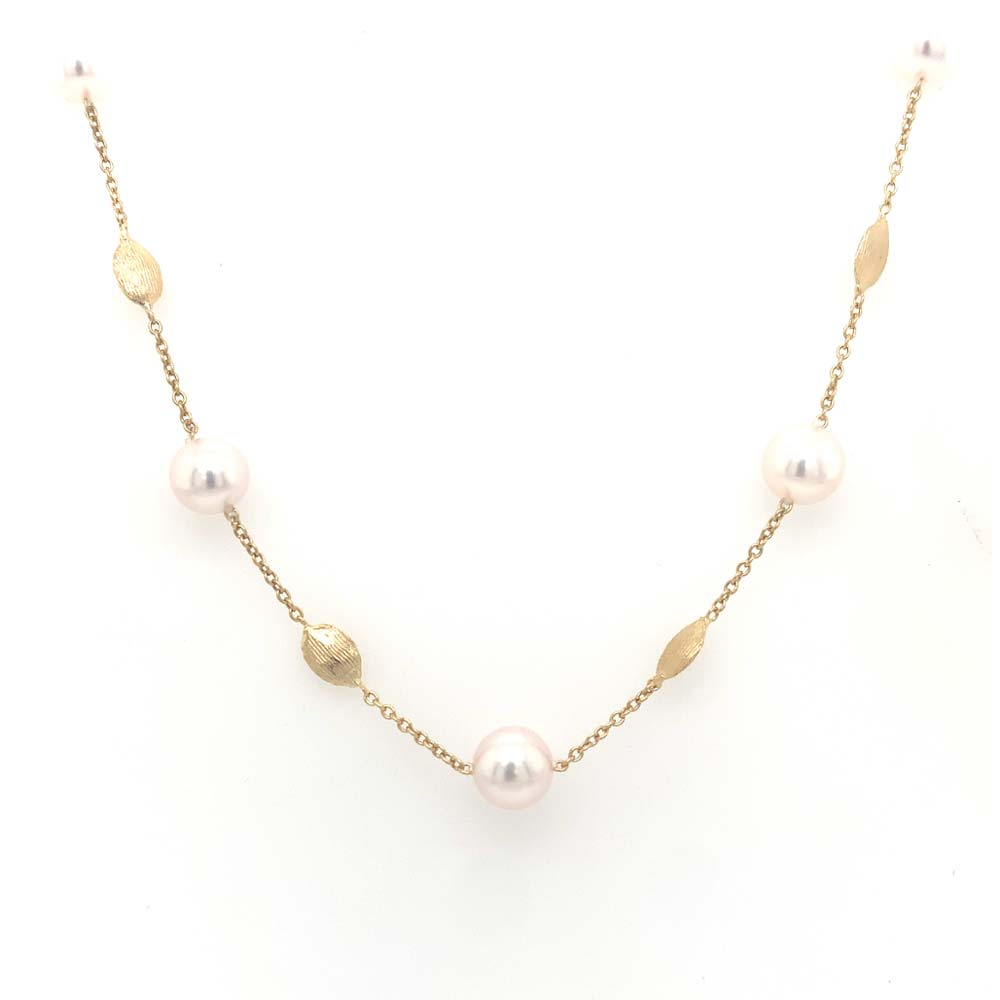 yellow gold pearl station necklace