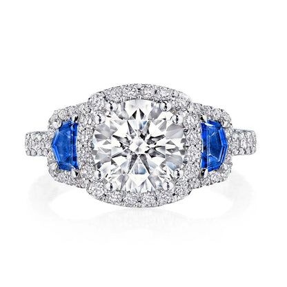 Petite Crescent | Round with Cushion 3-Stone Engagement Ring