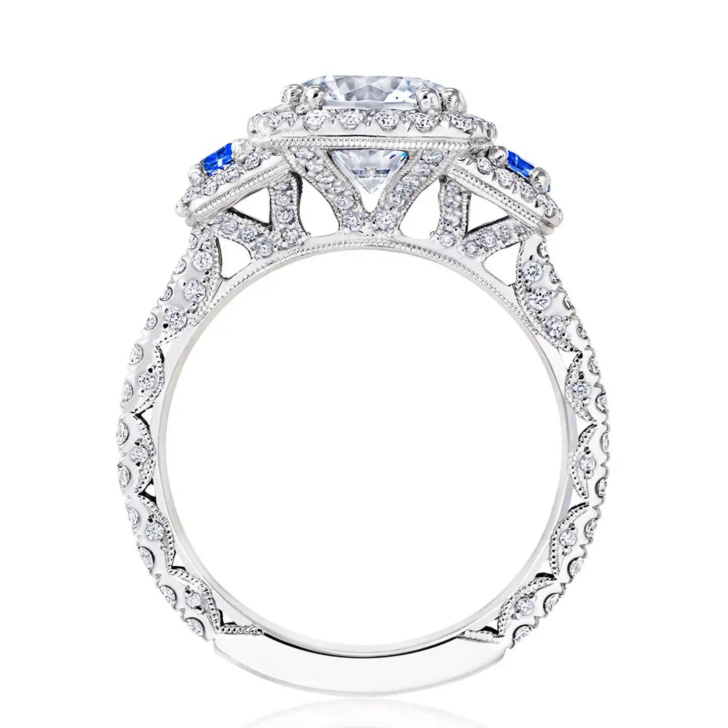 Petite Crescent | Round with Cushion 3-Stone Engagement Ring