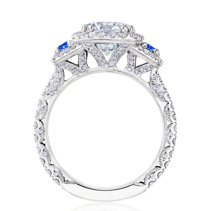 Petite Crescent | Round with Cushion 3-Stone Engagement Ring