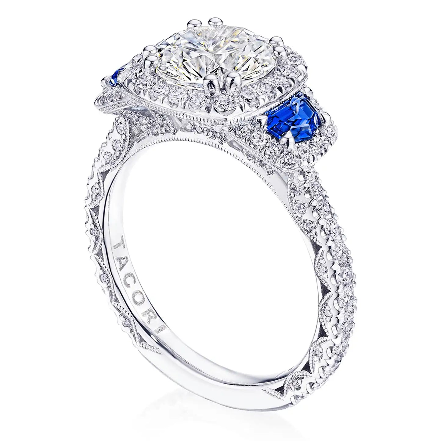 Petite Crescent | Round with Cushion 3-Stone Engagement Ring