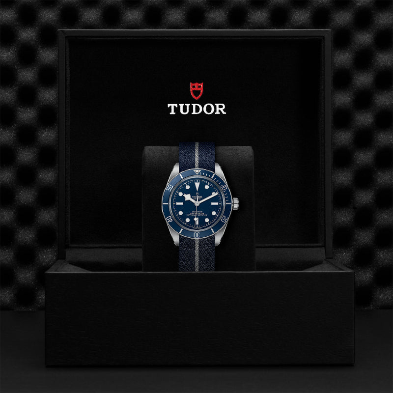 39mm, tudor, watch, black bay 58, blue dial, white markers, steel case, blue and silver fabric straps