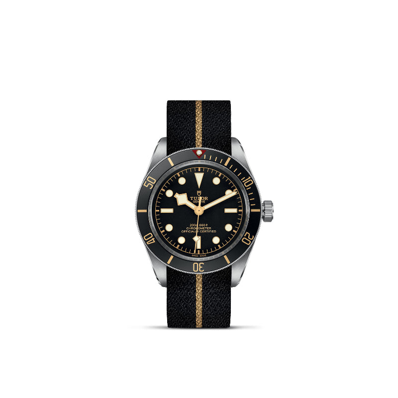 39mm, tudor, watch, black bay 58, black dial, black bezel, black and gold fabric strap
