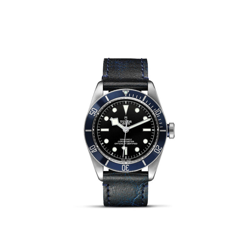 41mm, tudor, watch, black bay, black dial, white markers, steel case, navy leather strap