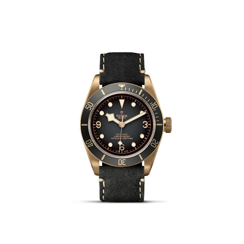 43mm, tudor, watch, black dial, bronze case, black leather straps