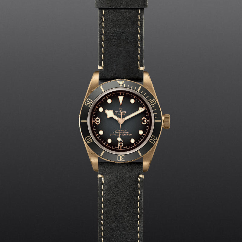 43mm, tudor, watch, black dial, bronze case, black leather straps
