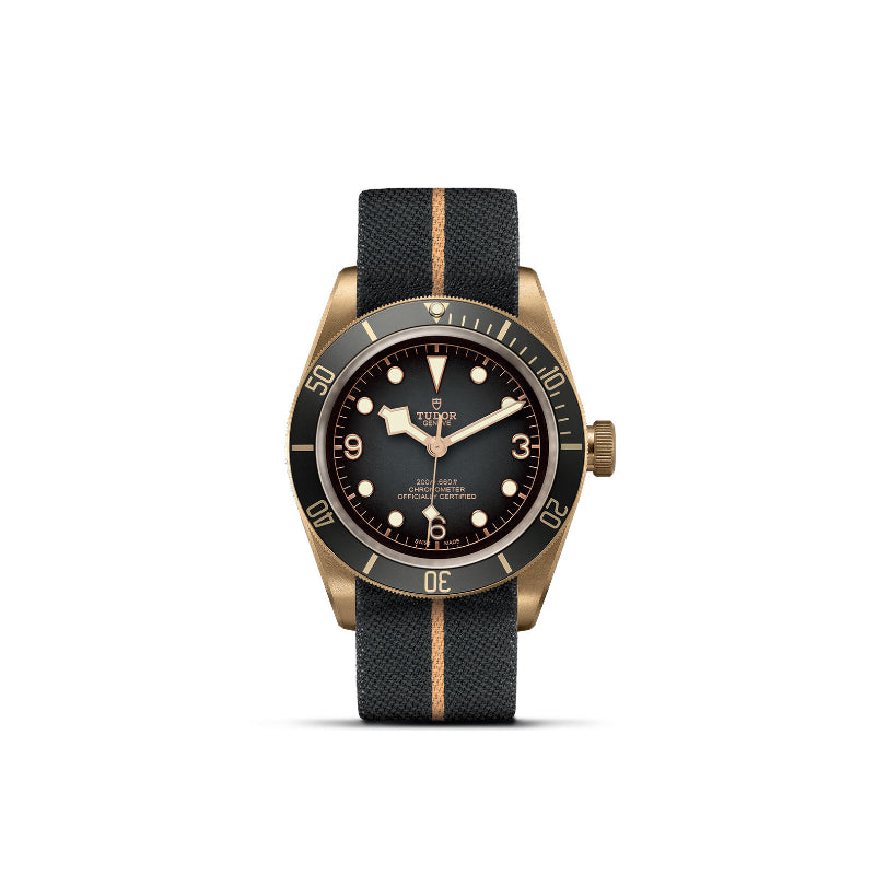 43mm, tudor, watch, black bay bronze, black bezel, black dial, bronze case, black and gold fabric strap