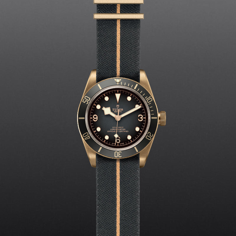 43mm, tudor, watch, black bay bronze, black bezel, black dial, bronze case, black and gold fabric strap
