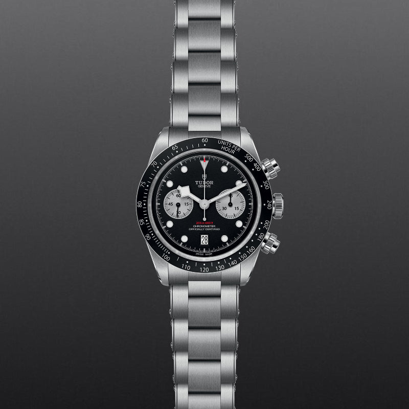 41mm, tudor, watch, steel case, steel bracelet, black dial, white markers, date, black bay, chrono