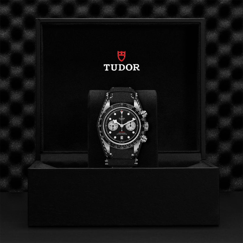 41mm, tudor, watch, black dial, chrono, white hands, leather strap