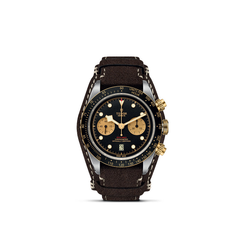 41mm, tudor, watch, black bay, chrono, steel and yellow gold, black and yellow gold face, date, black bezel, brown leather straps