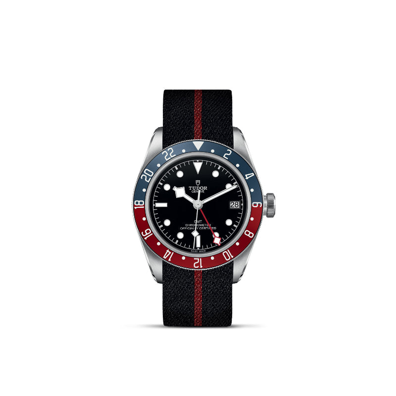 41mm, tudor, watch, black bay gmt, black dial, date, white hands, red and blue bezel, steel case, black and red strip fabric band