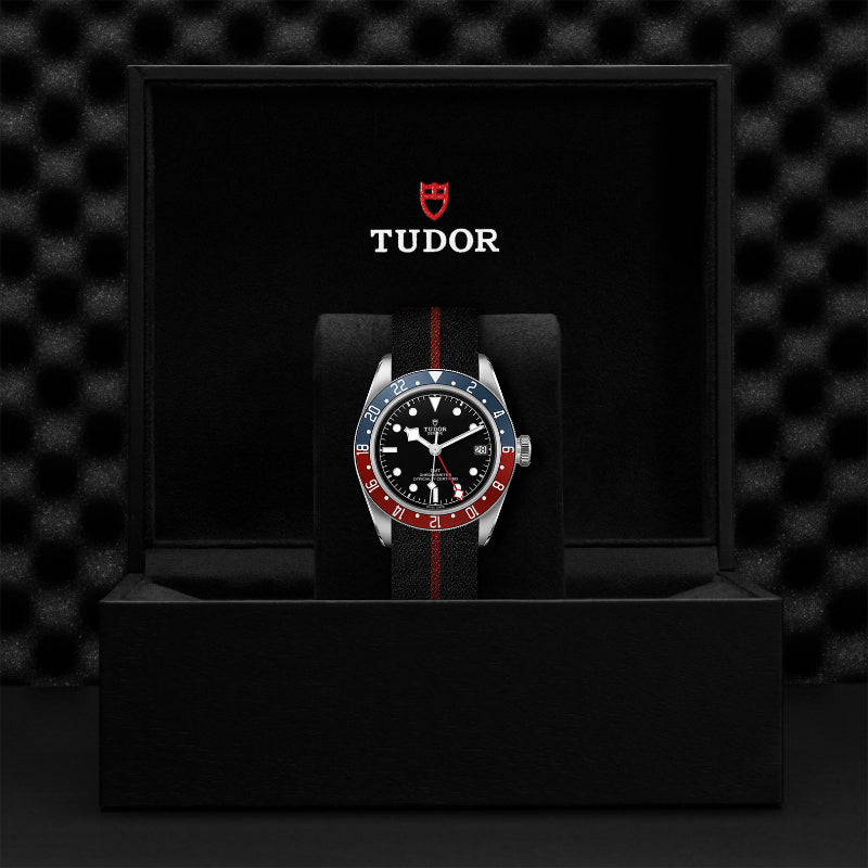41mm, tudor, watch, black bay gmt, black dial, date, white hands, red and blue bezel, steel case, black and red strip fabric band
