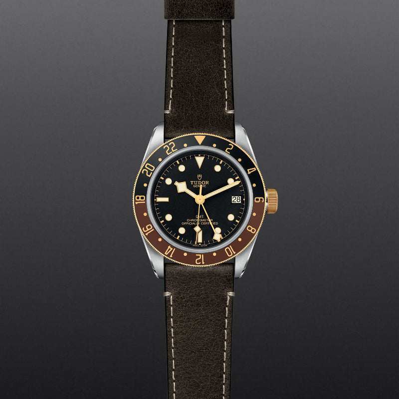 tudor, black may, gmt, close up of leather strap and steel closure