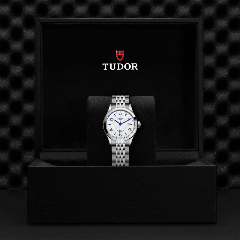 28mm, tudor 1926, watch, white dial, blue hands, date, steel