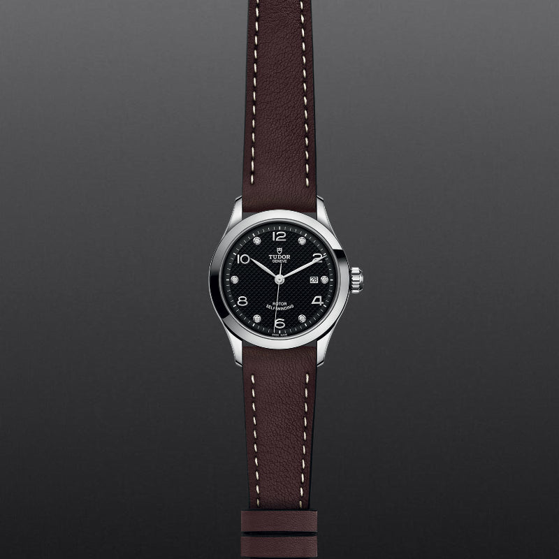 28mm, tudor, watch, 1926 model, black dial, steel case, steel bezel, diamond accents, date, brown leather straps