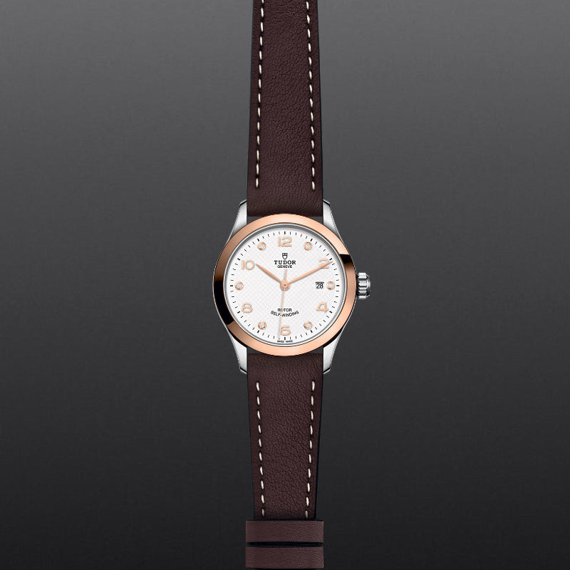 28mm, tudor, watch, white dial, rose gold hands, date, steel case, rose gold bezel, brown leather straps