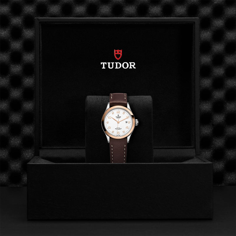 28mm, tudor, watch, white dial, rose gold hands, date, steel case, rose gold bezel, brown leather straps