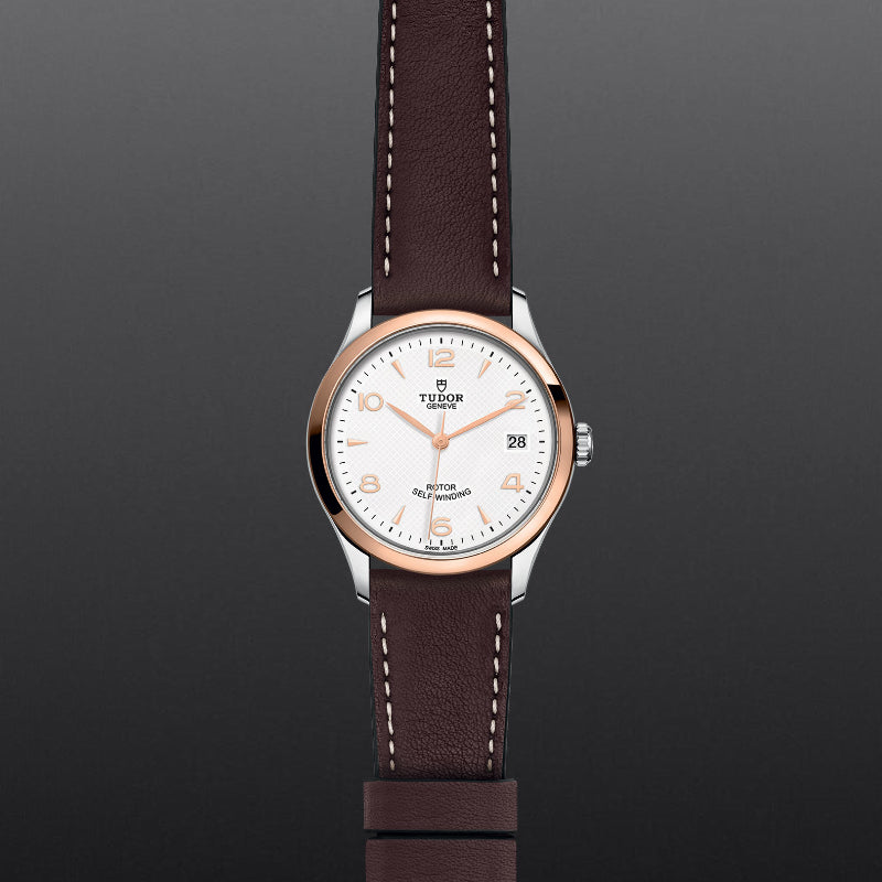 36mm, tudor, watch, 1926 model, white face, rose gold bezel, steel case, rose gold hands and markers, brown leather strap