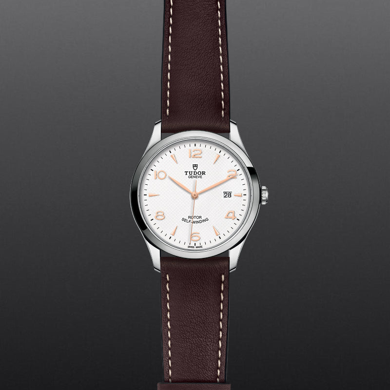 41mm, tudor 1926, watch, white dial, rose gold hands, steel bezel, steel case, brown leather strap, date