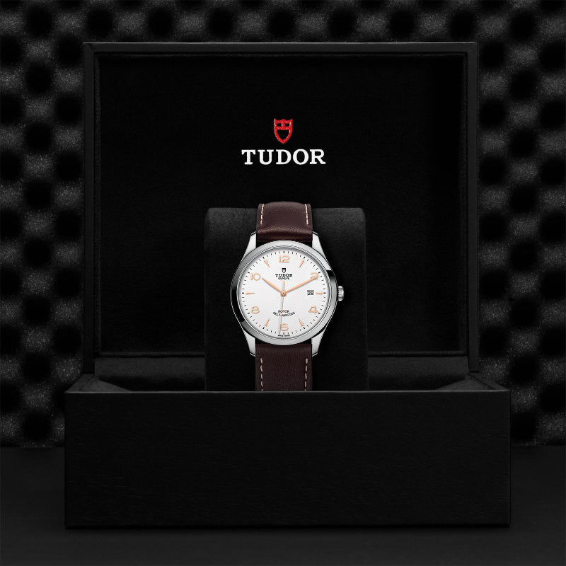 41mm, tudor 1926, watch, white dial, rose gold hands, steel bezel, steel case, brown leather strap, date