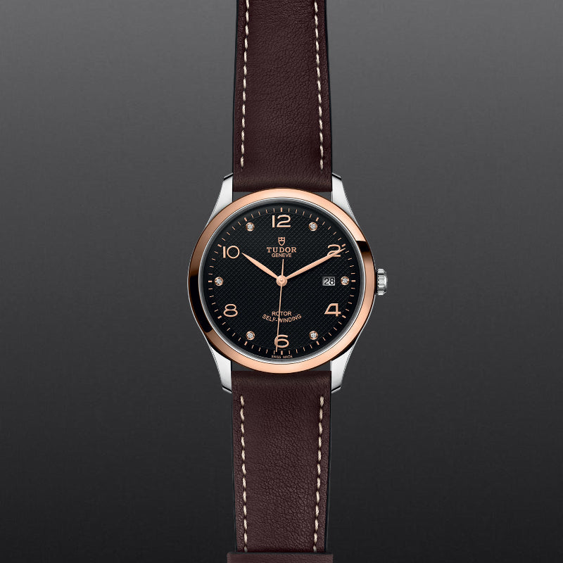 41mm, tudor, watch, 1926 model, black dial, diamond accents, rose gold markers, steel case, leather straps, date