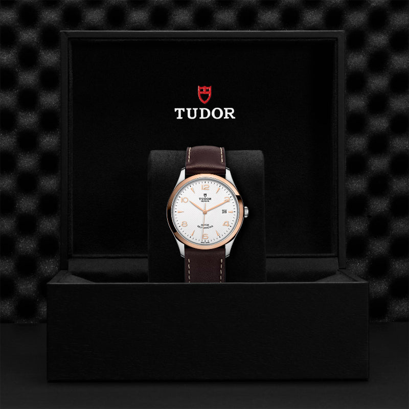 41mm, tudor 1926, watch, white dial, rose gold hands, rose gold bezel, date, steel case, brown leather straps